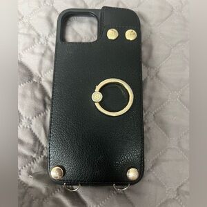 Black Leather Phone Case with Gold Accents - 12 Pro Max